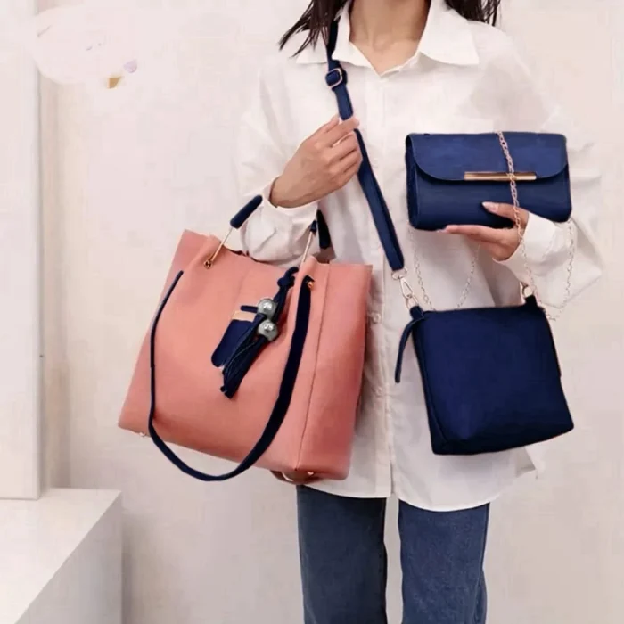 Brown Leather Handbag 3-piece