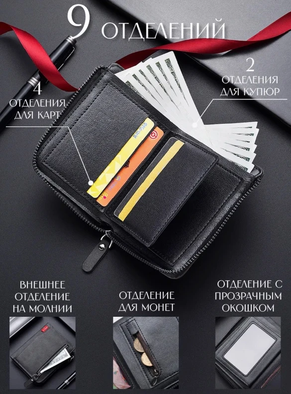 Men's Leather Zip Wallet with Coin Pocket