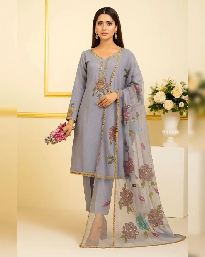 Hand-Embellished Organza 2-Piece Partywear Suit