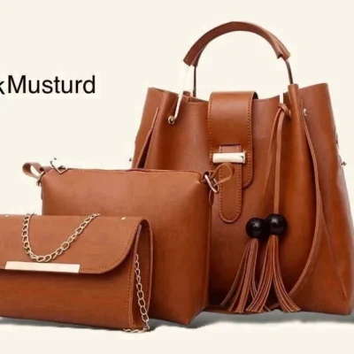 Brown Leather Handbag 3-piece