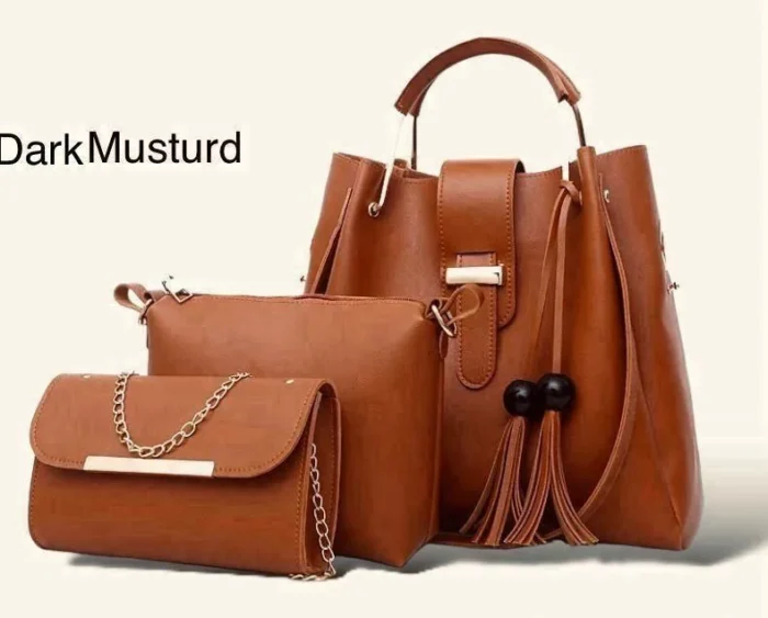 Brown Leather Handbag 3-piece