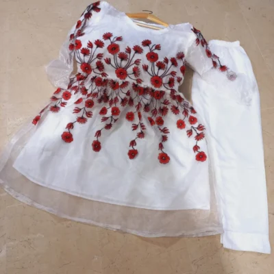 Flower Embroidered Frock with Trouser 2pcs