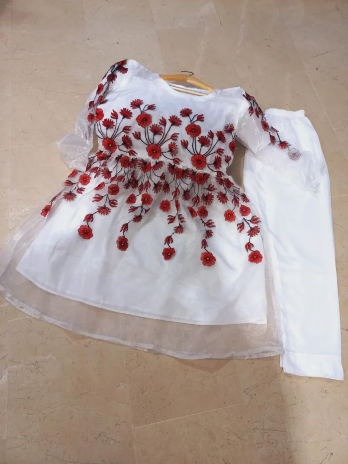 Flower Embroidered Frock with Trouser 2pcs