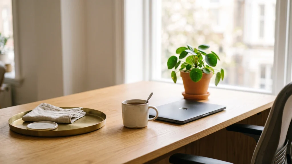 A desk with a cup of tea, a laptop and a small plant by a bright window