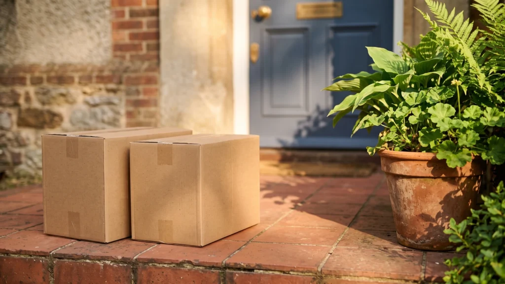 Two parcels waiting on a sunlit doorstep beside a potted plant