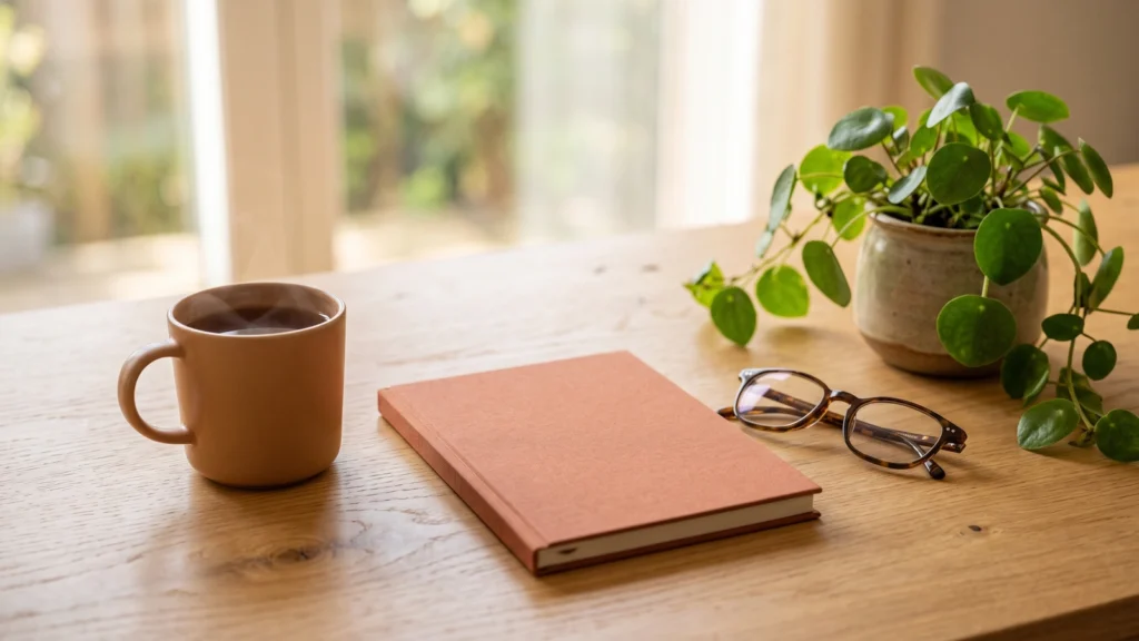 A desk with a mug of tea, a notebook and reading glasses