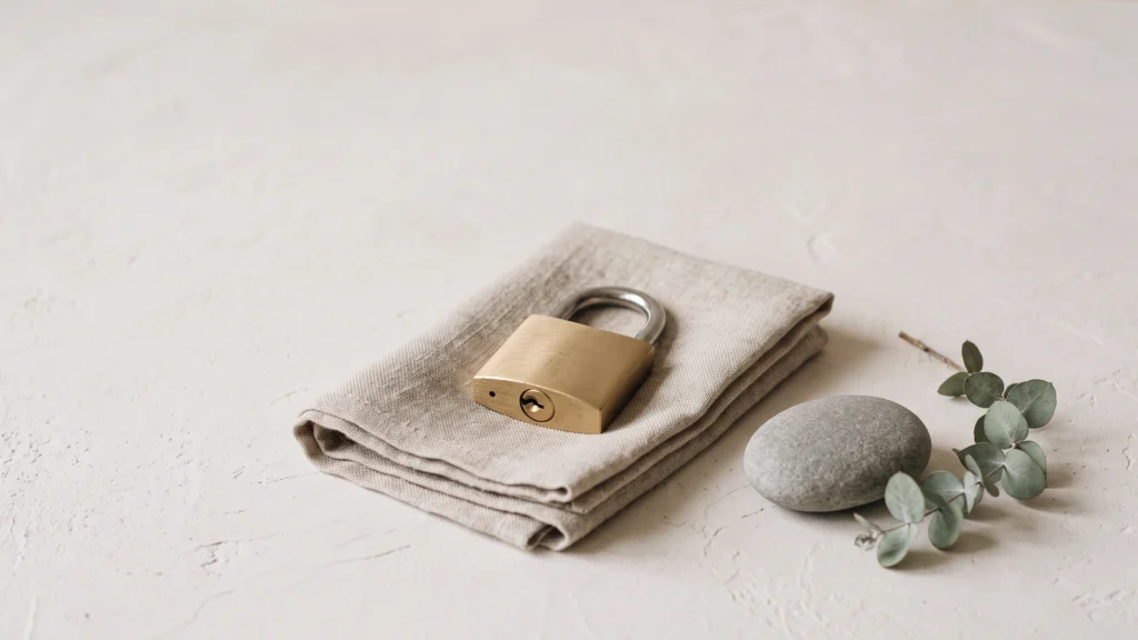 A brass padlock resting on folded linen