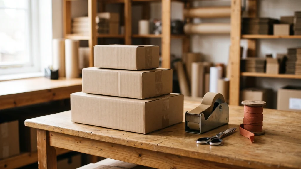 Kraft parcels stacked on a packing bench with tape and ribbon