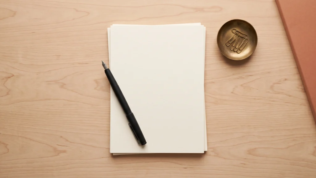 Blank sheets of paper with a fountain pen on a wooden desk