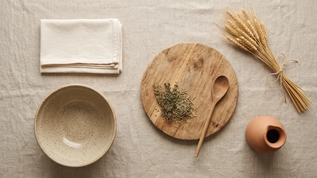 Kitchen cloths, a stoneware bowl and a chopping board on linen