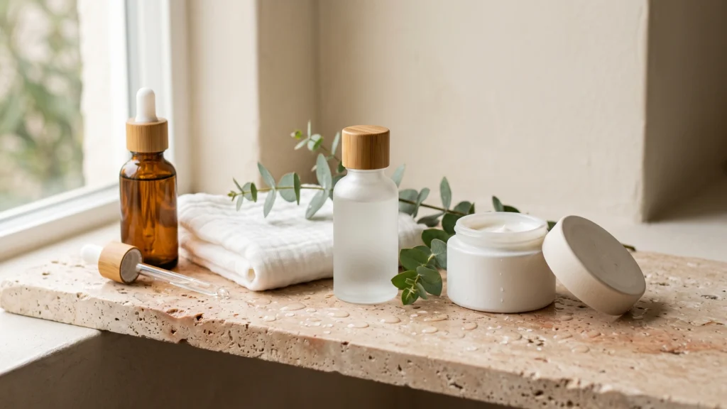 Skincare bottles and a muslin cloth on a stone ledge