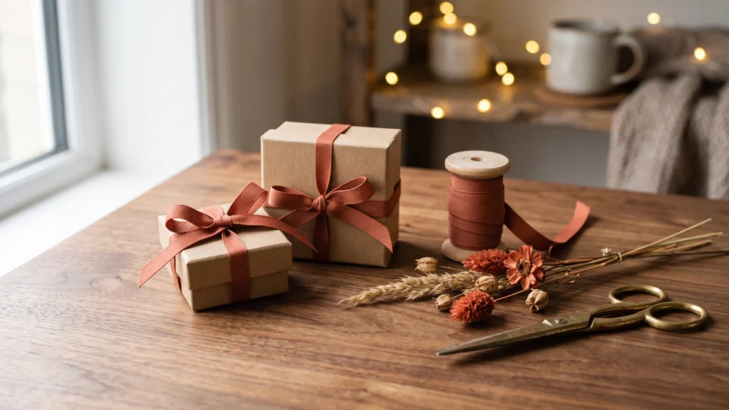 A blank terracotta card on a cream envelope tied with ribbon, beside a small kraft gift box